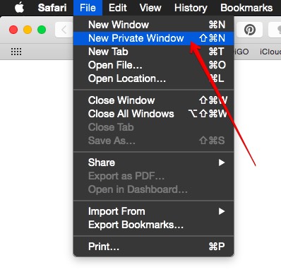 "New Private Window" in Apple Mac using "File" menu